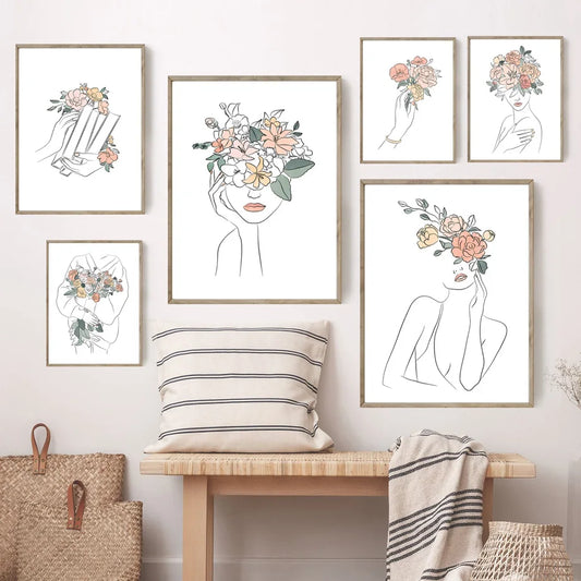 Abstract Flower Head Girl Line Minimalist Wall Art Canvas Painting Nordic Posters And Prints Wall Pictures For Living Room Decor
